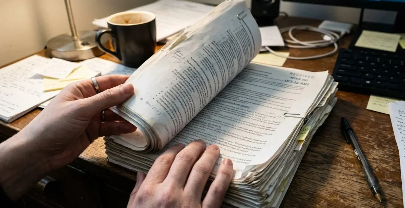 Mains feuilletant un document administratif épais sur un bureau légèrement encombré, stylo posé à côté, éclairage naturel de lampe de bureau