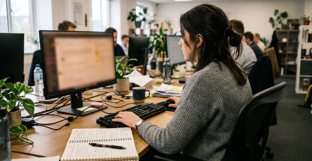 Personne consultant un écran d'ordinateur flouté avec un carnet de notes ouvert à côté, environnement de bureau standard avec éclairage mixte