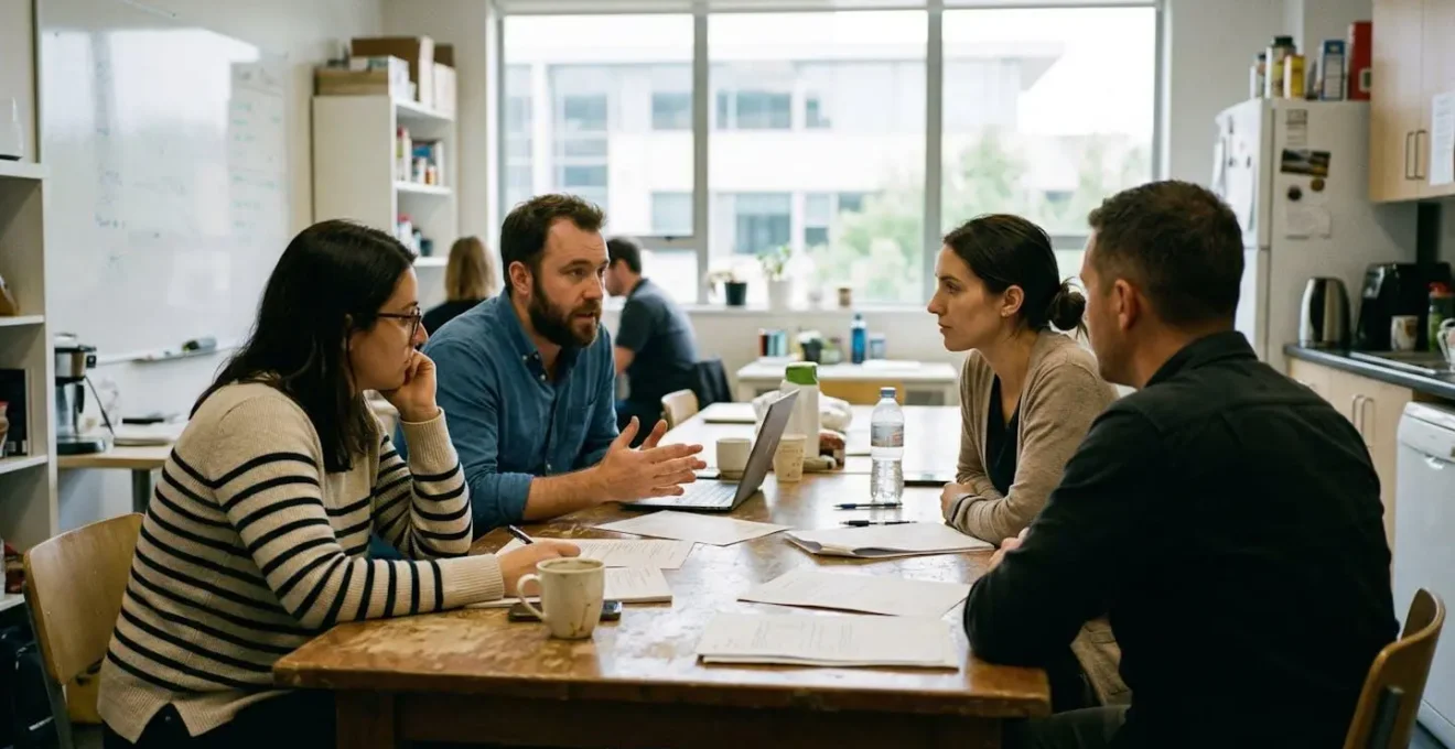 Trois collègues discutent autour de documents papier dans un espace de pause, ambiance détendue mais sérieuse, lumière naturelle de bureau