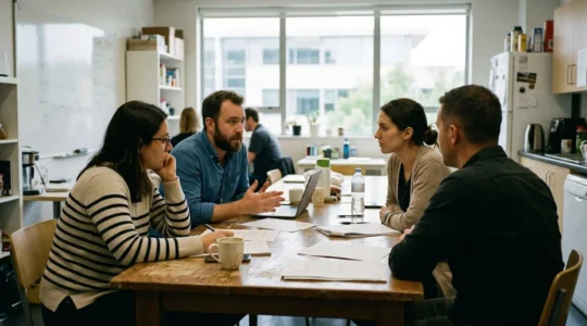 Trois collègues discutent autour de documents papier dans un espace de pause, ambiance détendue mais sérieuse, lumière naturelle de bureau