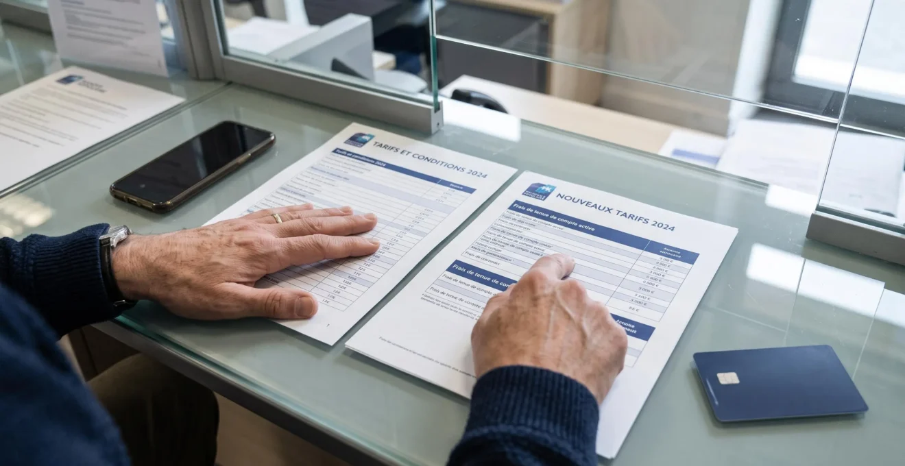Les mains d'une personne comparent deux grilles tarifaires bancaires posées côte à côte sur un comptoir d'agence.