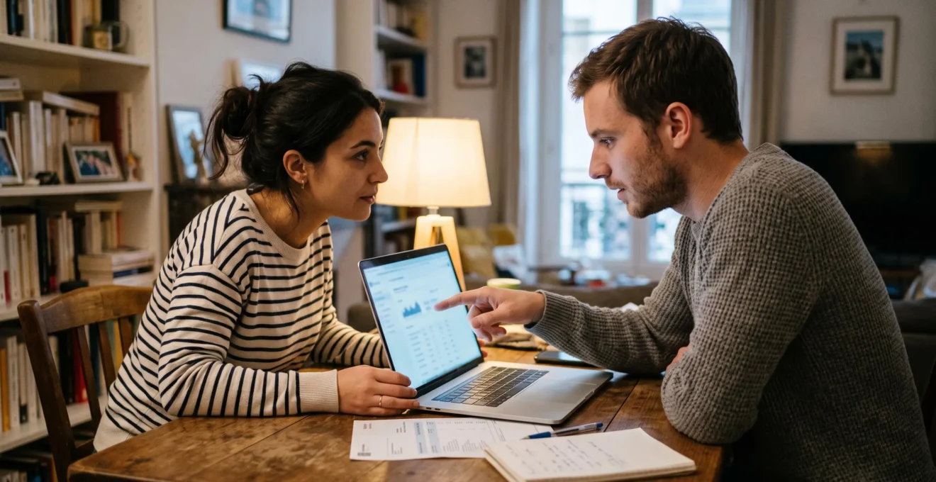 Un couple consulte ensemble les opérations de son compte commun sur un ordinateur portable à leur table de repas.