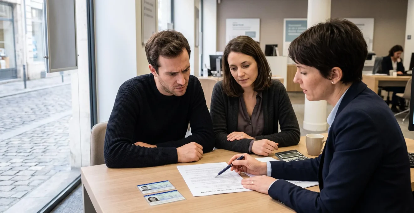 Un couple signe un contrat d'ouverture de compte commun avec un conseiller dans une agence bancaire française.