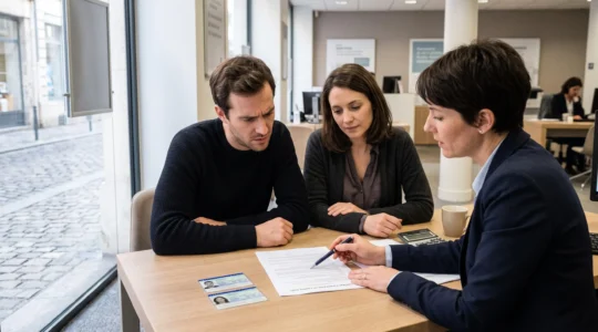 Un couple signe un contrat d'ouverture de compte commun avec un conseiller dans une agence bancaire française.