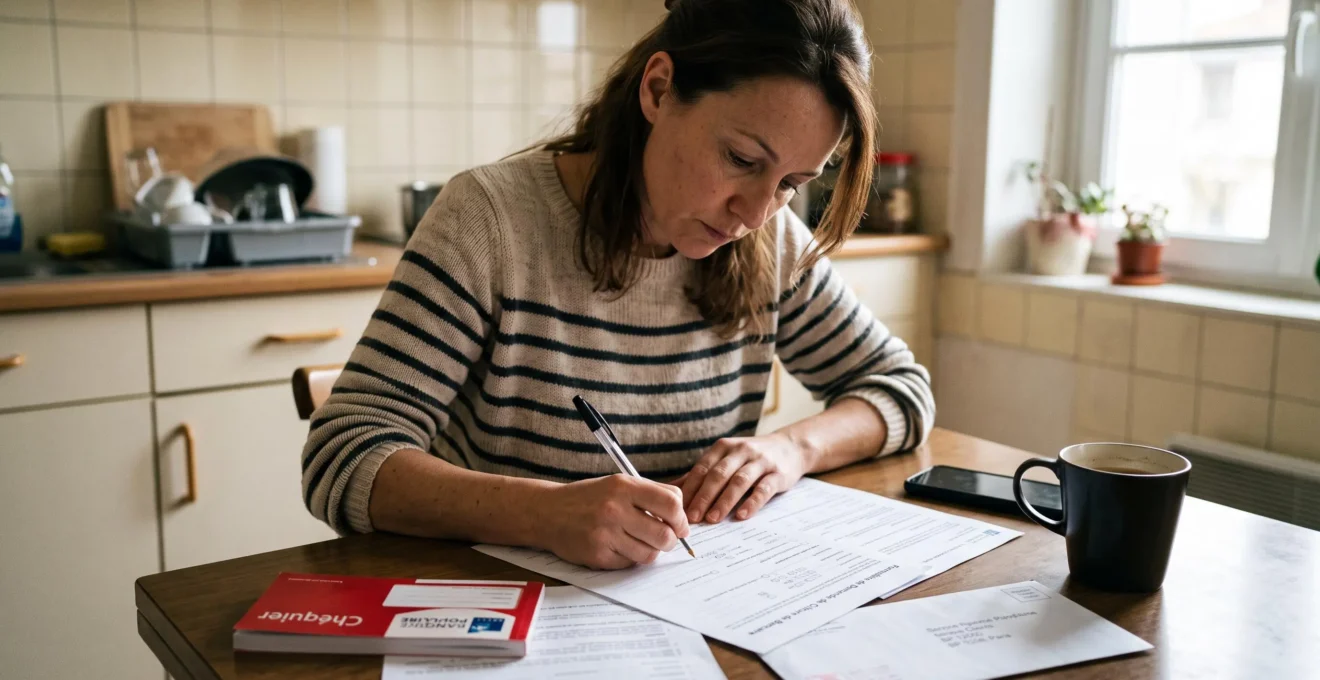 Une femme remplit chez elle un formulaire de demande de clôture de compte joint posé sur une table de cuisine.