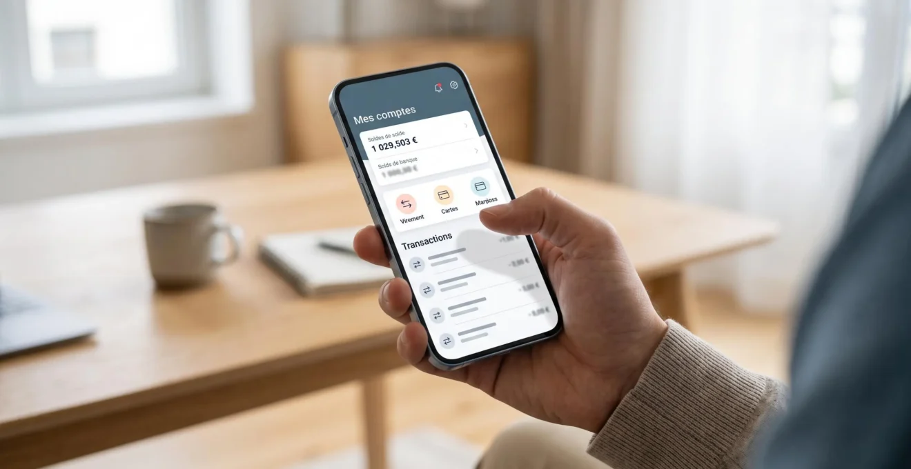 Smartphone affichant une interface bancaire générique de consultation de compte tenu dans une main