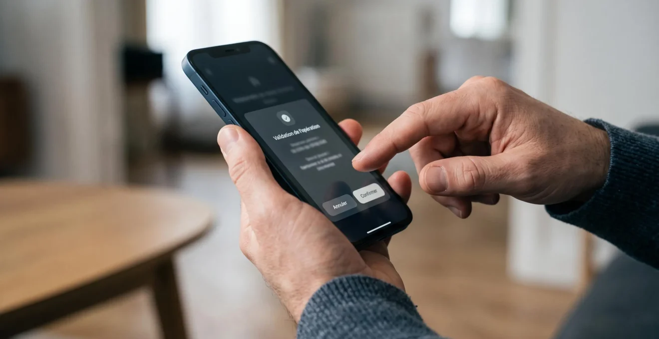 Main tenant un smartphone avec un écran générique de confirmation d'opération bancaire