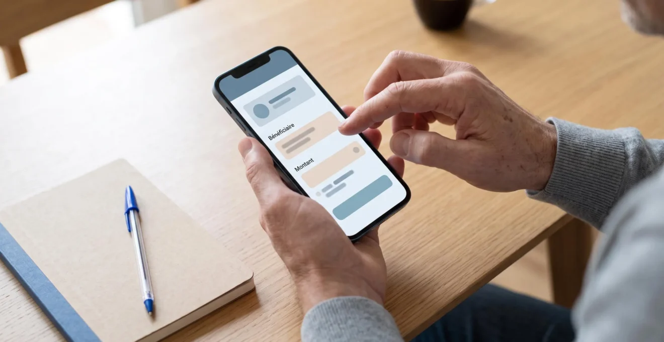 Personne préparant un virement sur un smartphone avec une interface bancaire générique